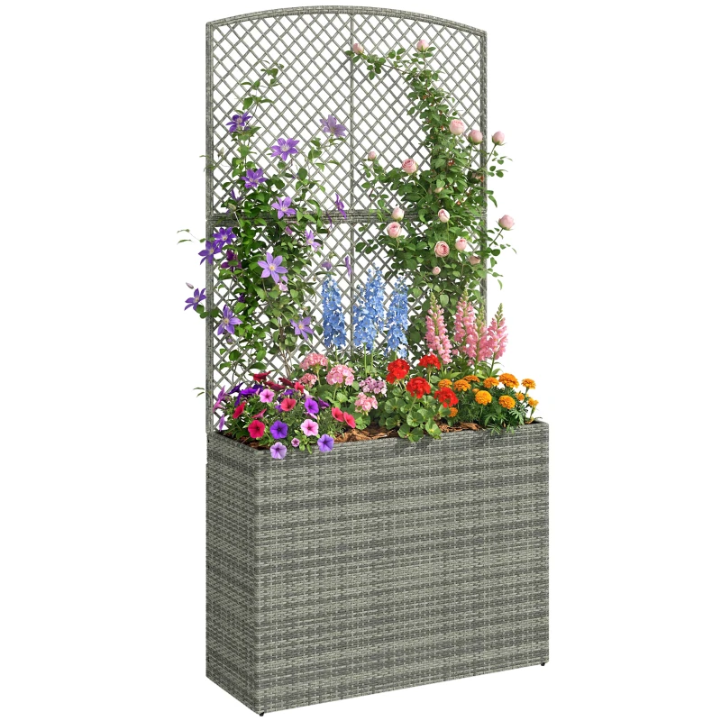 Outsunny Rattan Planter with Trellis, Raised Beds for Garden with Liner for Climbing Plants Vegetables Flowers, Dark Grey