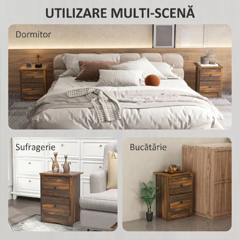 HOMCOM Noptieră cu 2 sertare în stil rustic din lemn, 40x30x56 cm, maro