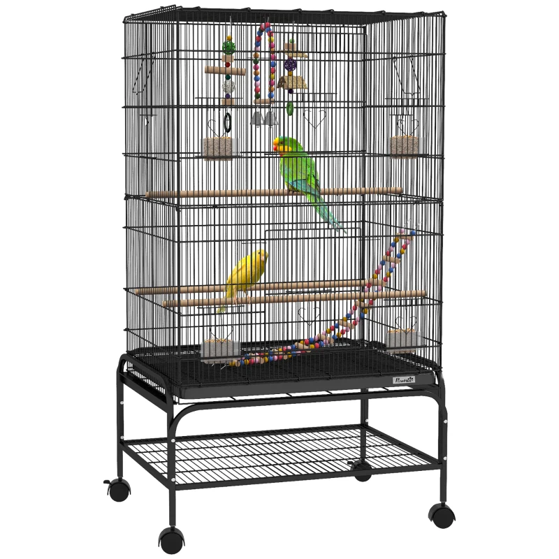 PawHut Gabbia per Uccelli con Area Gioco, Ruote, Vassoio Estraibile e Mensola, 64x45x110 cm, Nero