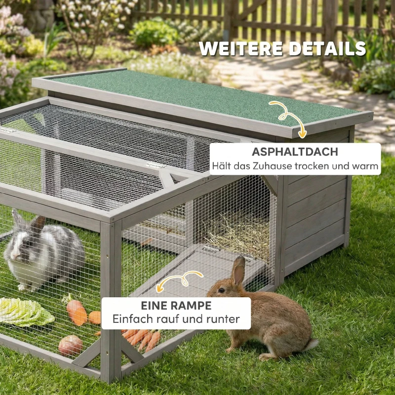 PawHut Konijnenhok Konijnenstal hout konijnenkooi met opklapbaar bitumendak, ren, deuren 125,5x100x49 cm Grijs