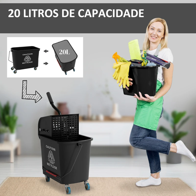 HOMCOM Balde de Limpeza 20L com Rodas e Espremedor Balde para Esfregona com Separador de Água 60x27x70,5 cm Preto