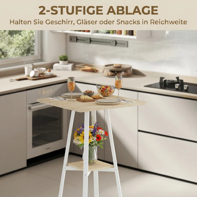 HOMCOM Table de bar carrée pour 2 personnes, table haute cuisine mange-debout avec étagère, 55 x 55 x 95 cm, naturel et blanc