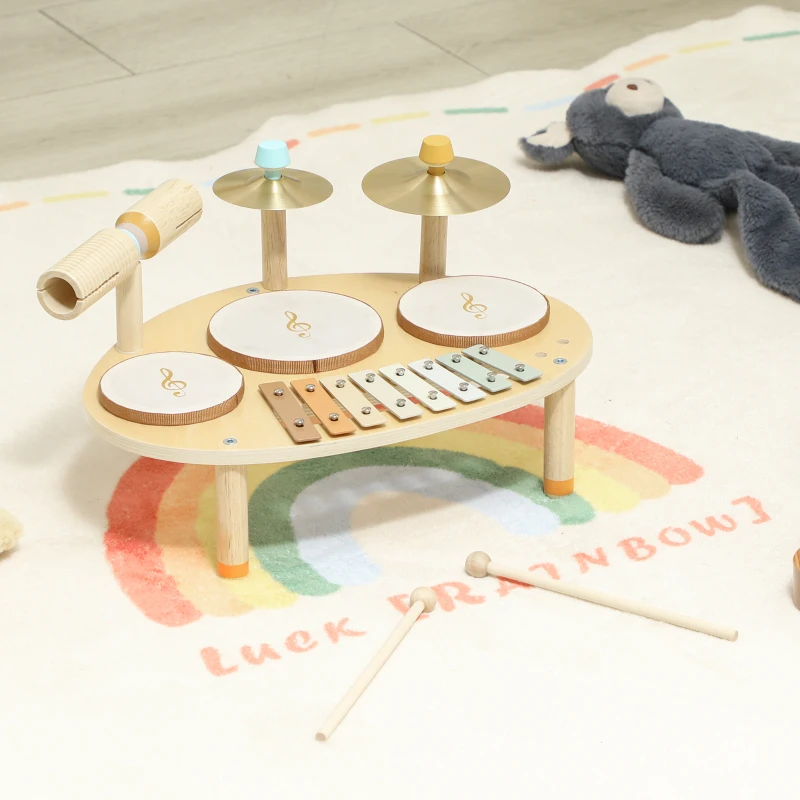 AIYAPLAY Conjunto de Instrumentos Musicais para Crianças a Partir de 2+ Anos com Tambores e Xilofone Cor Madeira