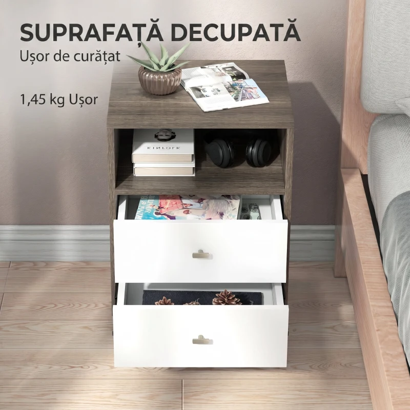 HOMCOM Set de 2 noptiere moderne pentru dormitor cu 2 sertare și spațiu deschis, 40x34x64cm, gri