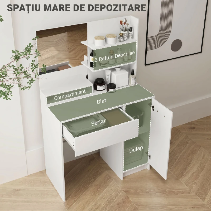 HOMCOM Masă de Toaletă pentru Machiaj cu Oglindă și Taburet, Sertar, Dulap și Rafturi din Lemn, Alb
