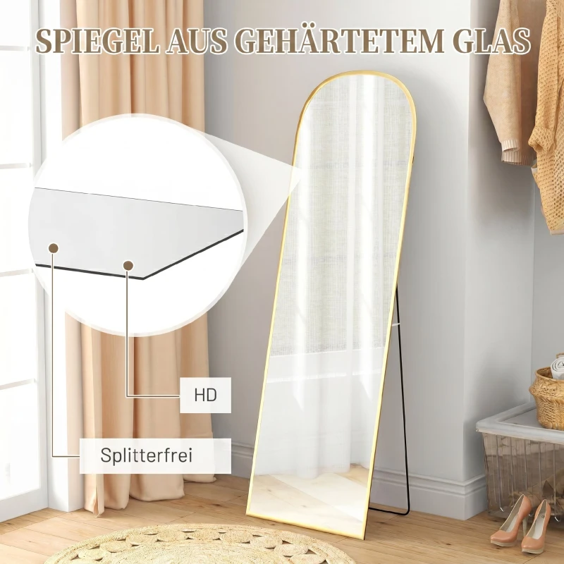 HOMCOM Oglindă de Podea și Perete Modernă din Aliaj de Aluminiu cu Suport Pliabil, 50x161.5 cm, Aur