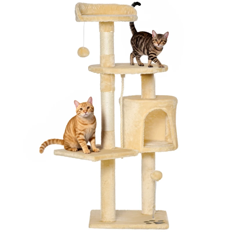 PawHut Árbol para gatos Rascador Grande con Plataformas Casetas Bolas de Juego 114cm Cubierto de Felpa Beige