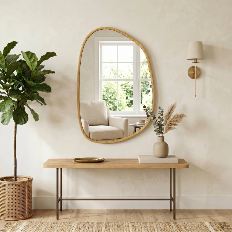 HOMCOM Miroir mural, miroir décoratif asymétrique 90x60cm en verre trempé pour salle de bain, chambre, salon, couloir, naturel