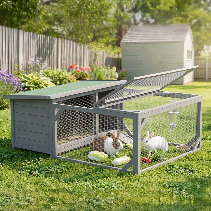 PawHut Konijnenhok Konijnenstal hout konijnenkooi met opklapbaar bitumendak, ren, deuren 125,5x100x49 cm Grijs