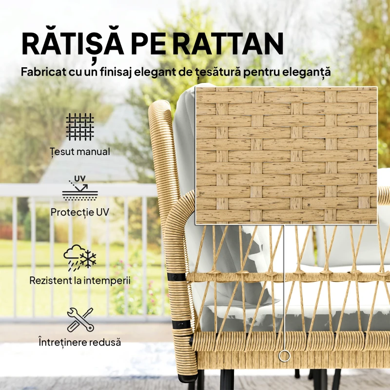 Outsunny Set Mobilier Grădină din Ratan, 4 Piese în Formă de L, cu 2 Canapele, Colțar, Măsuță de Cafea și Perne, Cadru din Oțel, pentru Balcon sau Terasă, Natural/Crem