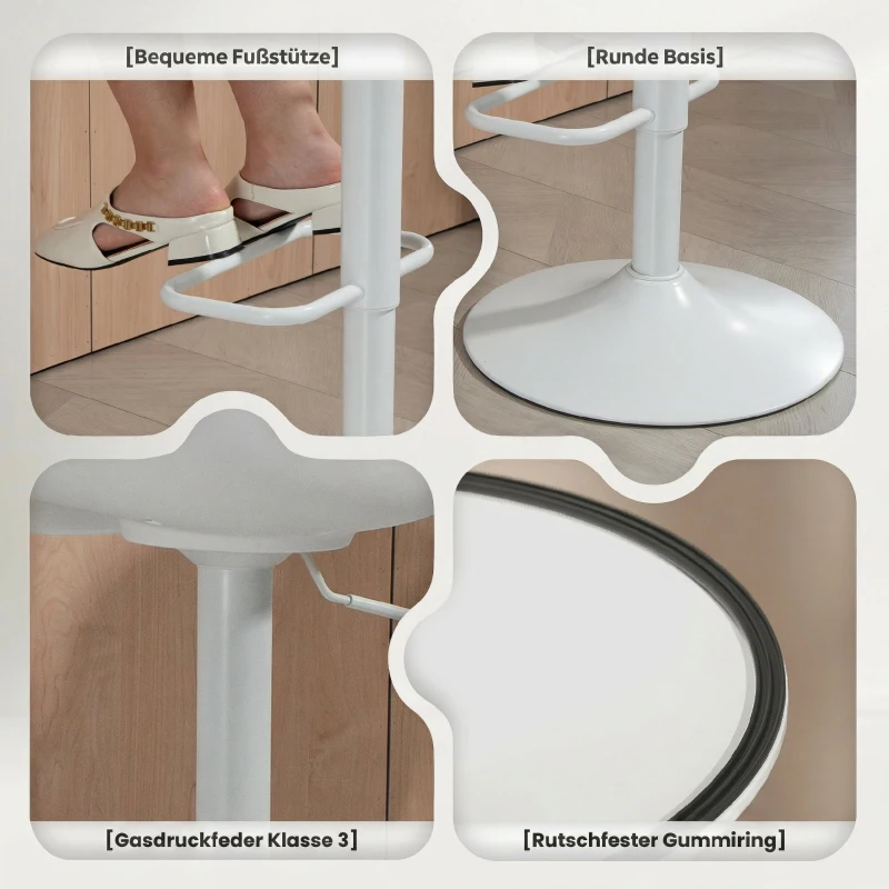 HOMCOM Lot de 2 Tabourets de Bar, Tabourets Hauts avec Siège Pivotant et Hauteur Réglable, Chaises de Bar en Cuir PU avec Dossier pour Îlot de Cuisine, Salle à Manger, Blanc