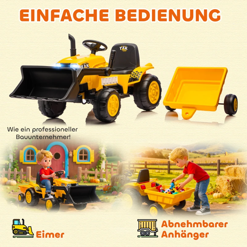 AIYAPLAY Elektrisches Aufsitz-Baufahrzeug, Spielzeugbagger mit Anhänger, 3-8 Jahre, Kunststoff, Stahl, Gelb