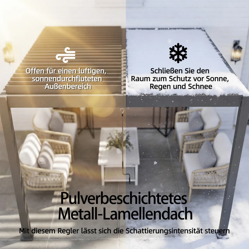 Outsunny Pergola ca. 3x3 m Aluminium Terrassenüberdachung mit verstellbar Lamellendach Wandmontage Dunkelgrau