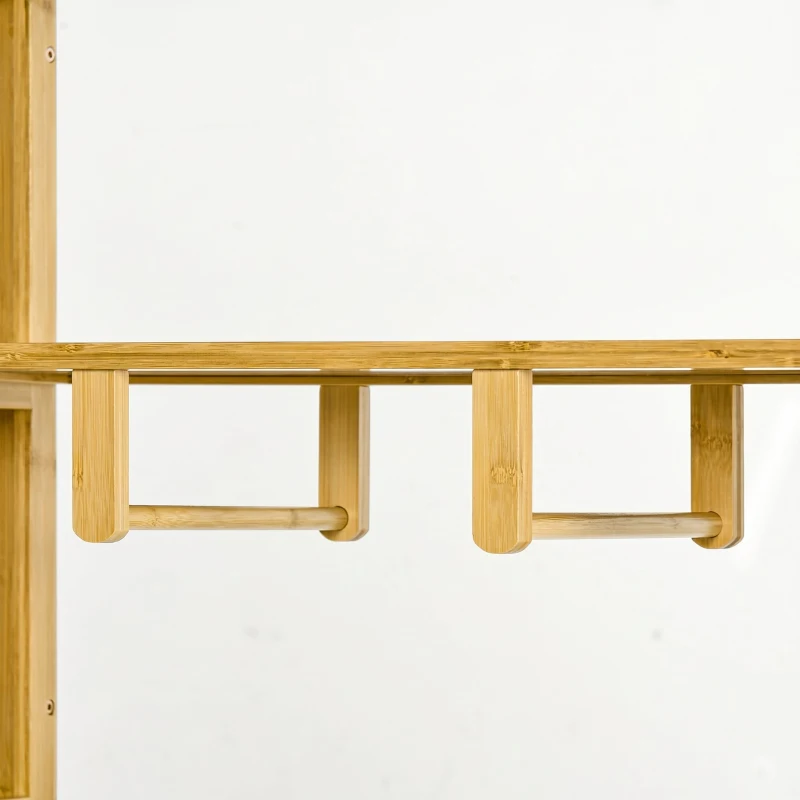 HOMCOM Dulap Deschis din Bambus cu 2 Uși Glisante, Rafturi Deschise și Bară pentru Umerașe, 145x35x165cm