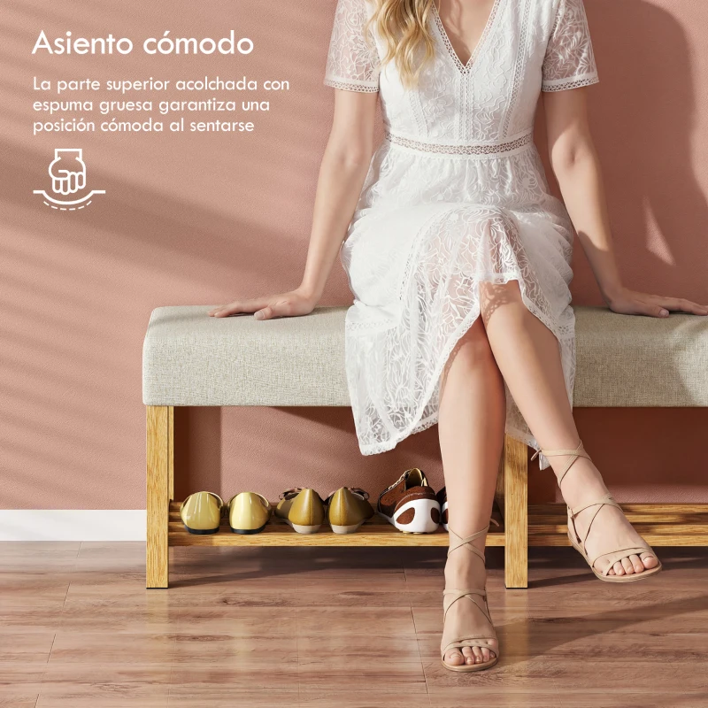 HOMCOM Banco Zapatero con Asiento Acolchado 2 Personas Estante Abierto Marco de Madera 140x44x48 cm Crema y Madera Natural