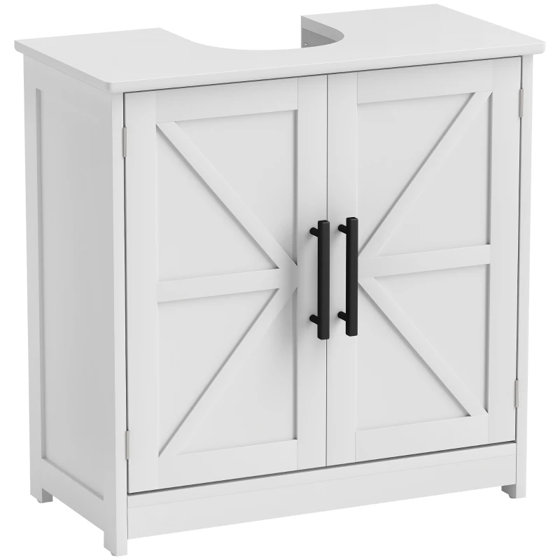 HOMCOM Meuble sous lavabo, meuble de salle de bain avec 2 portes magnétiques style grange et étagères, 60 x 30 x 60 cm, blanc