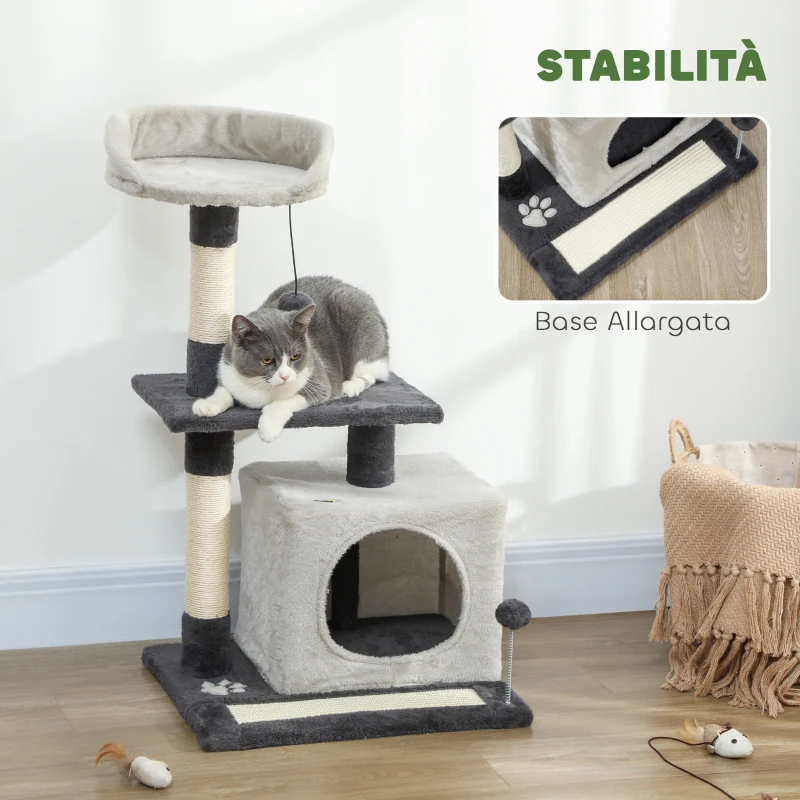 PawHut Albero Tiragraffi per Gatti Alto 85 cm con Casetta, Lettino, Pali e Tappetino Tiragraffi, Grigio