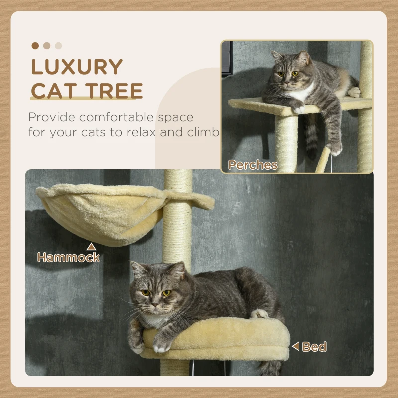 PawHut IE Located Floor to Ceiling Cat Tree, Adjustable Height, Cat Climbing Tower with Carpeted Platforms, Cozy Bed, Hammock, Scratching Posts, Toy Balls, Activity Center for Kittens, Beige