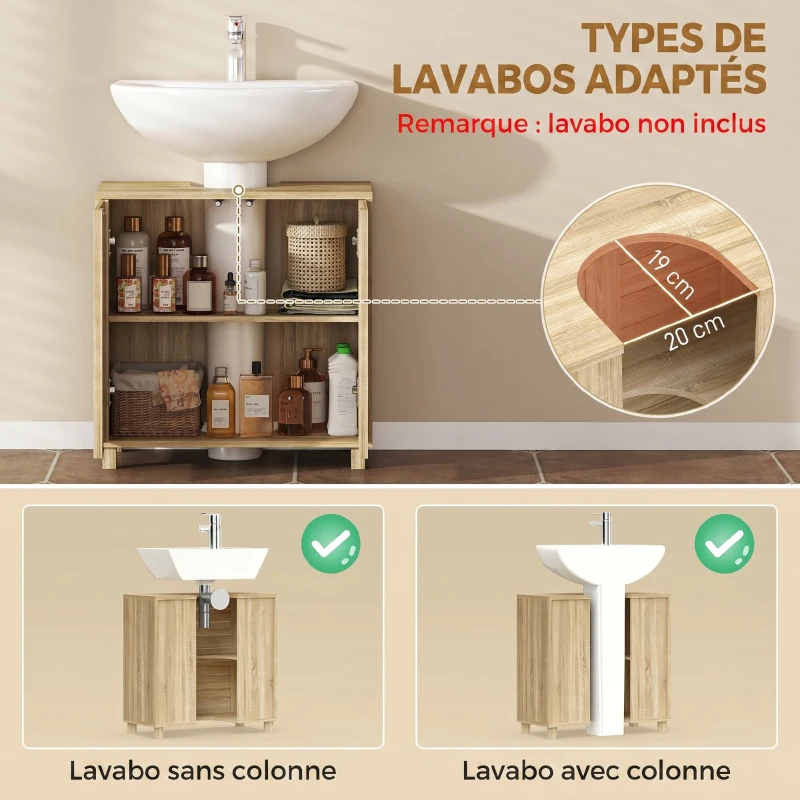 HOMCOM Meuble sous Lavabo, Découpe en Forme U, Portes à Lattes, Étagère Réglable, Ouverture par Pression, 60x30x60cm, Naturel