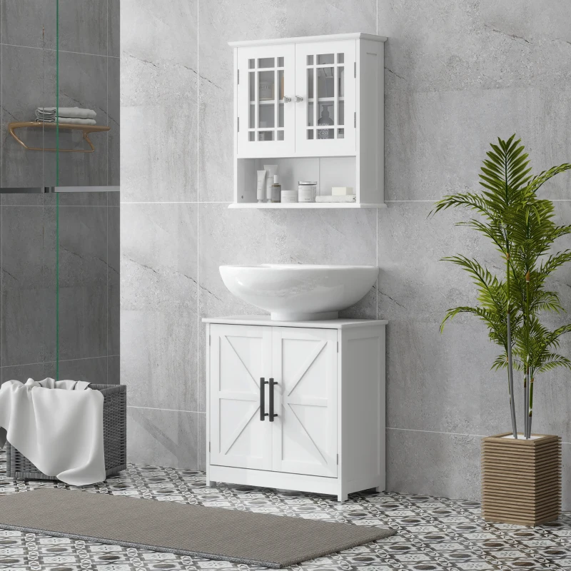HOMCOM Meuble sous lavabo, meuble de salle de bain avec 2 portes magnétiques style grange et étagères, 60 x 30 x 60 cm, blanc