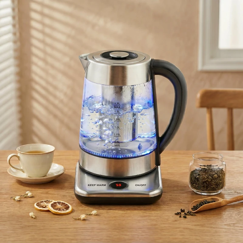 HOMCOM Bouilloire électrique, 1,7L, ébullition rapide 2200W avec thermostat strix, infuseur à thé, fonction maintien au chaud