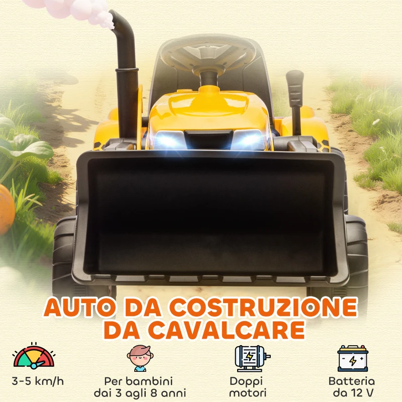 AIYAPLAY Escavatore per Bambini Elettrico 12V con Benna, Rimorchio e Telecomando, Età 3-8 Anni, Giallo