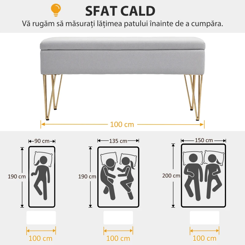 HOMCOM Bancă pentru capătul patului cu spațiu de depozitare, din material textil și picioare din oțel, 100x40x49 cm, gri deschis