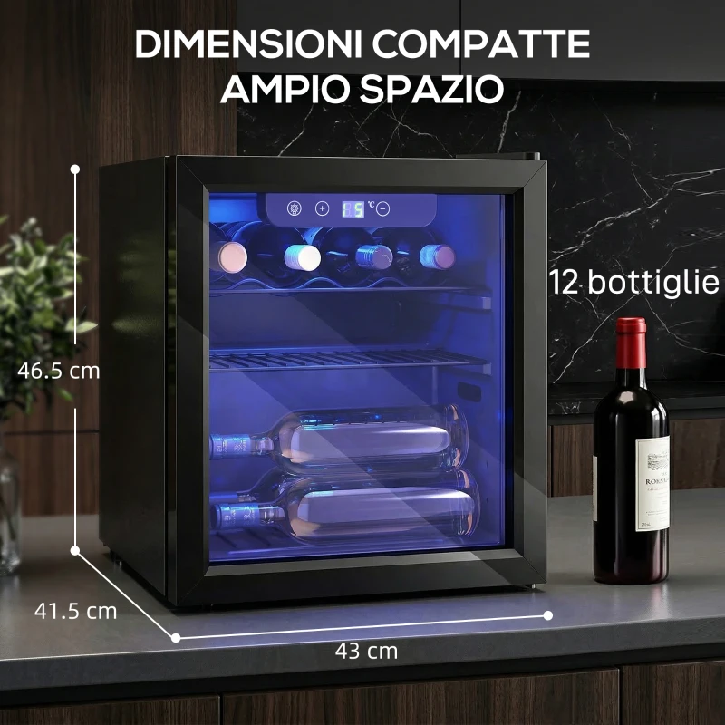 HOMCOM Cantinetta Vino Refrigerata 12 Bottiglie 36L, Temperatura Regolabile 4-16°C con Vetro Anti UV, Nera