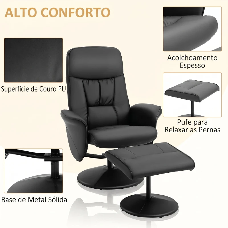 HOMCOM Poltrona Relax com Apoio para os Pés Estofada em PU Poltrona Relax Reclinável até 145° e Giratório 360° com Encosto Ajustável para Sala de Estar Dormitório Escritório 81x81x105cm Preto
