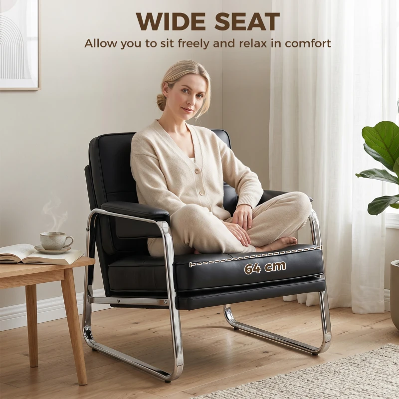 HOMCOM Sessel Loungesessel mit breiter Sitz, Armlehnen, Stahlbeinen, aus Kunstleder für Wohnzimmer, Schlafzimmer, Schwarz