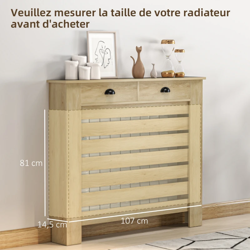 HOMCOM Couvercle de radiateur cache radiateur grille à lattes horizontales avec 2 tiroirs en bois 111l x 19P x 95,5H cm chêne