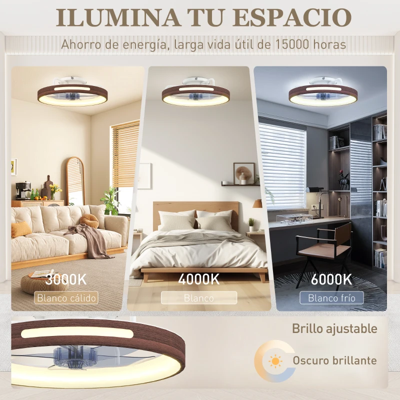 HOMCOM Ventilador de Techo con Luz LED 40 W Motor DC Reversible Mando a Distancia 6 Velocidades 3 Colores Temporizador Teca