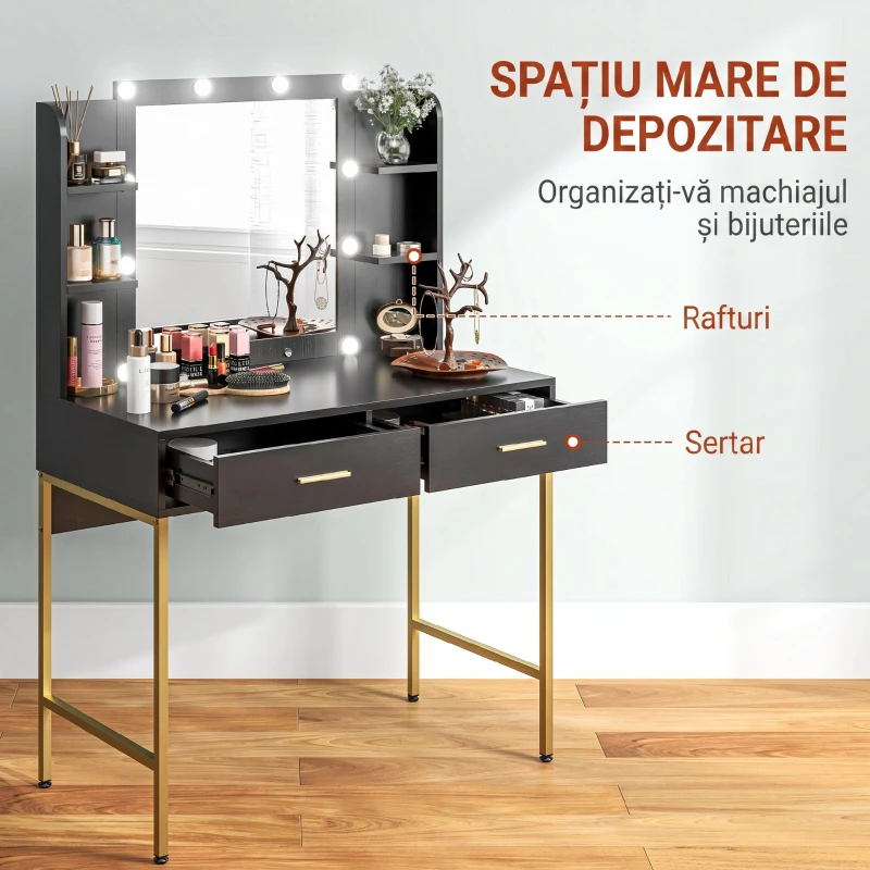 HOMCOM Masă de Machiaj cu 2 Sertare, 6 Rafturi, Oglindă și Taburet, din Lemn și Oțel, 90x45x132,5 cm, Negru