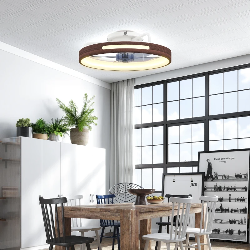 HOMCOM Ventilador de Techo con Luz LED 40 W Motor DC Reversible Mando a Distancia 6 Velocidades 3 Colores Temporizador Teca