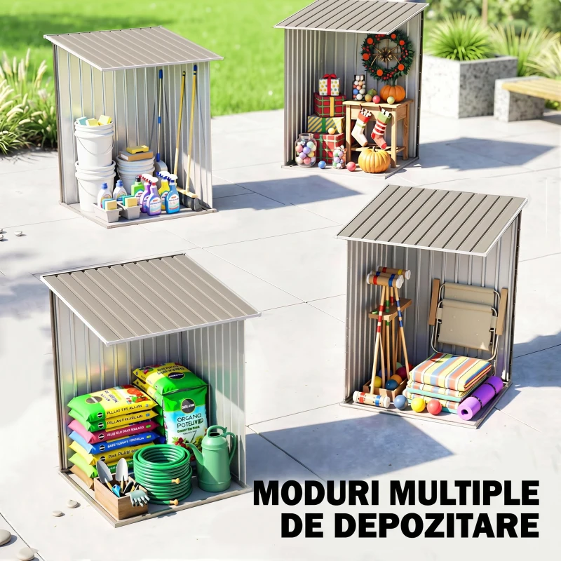 Outsunny Magazie pentru Unelte 0,92m² din Oțel Galvanizat cu Acoperiș Înclinat și Lacăt, 100x103x160 cm, Maro
