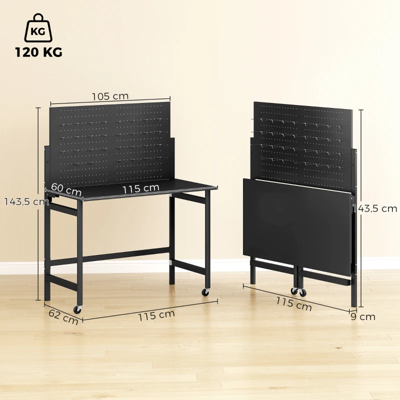 HOMCOM Banco de Trabalho com Painel Perfurado Mesa Dobrável com Rodas Estrutura de Aço Ganchos Preto