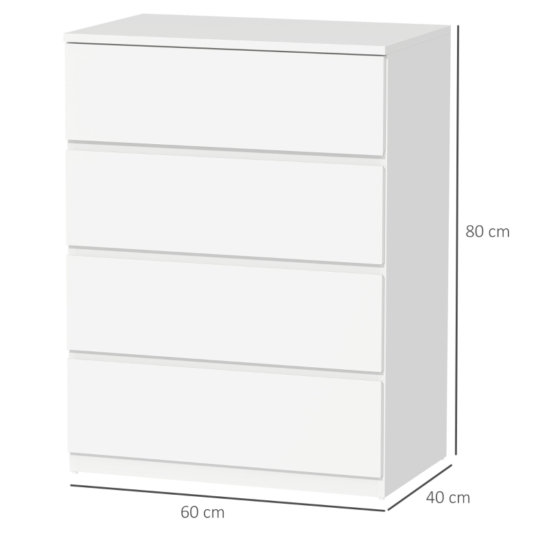HOMCOM Comodă cu 4 Sertare din PAL cu Șine Metalice și Margini Înclinate, 60x40x80 cm, Alb(m-3)