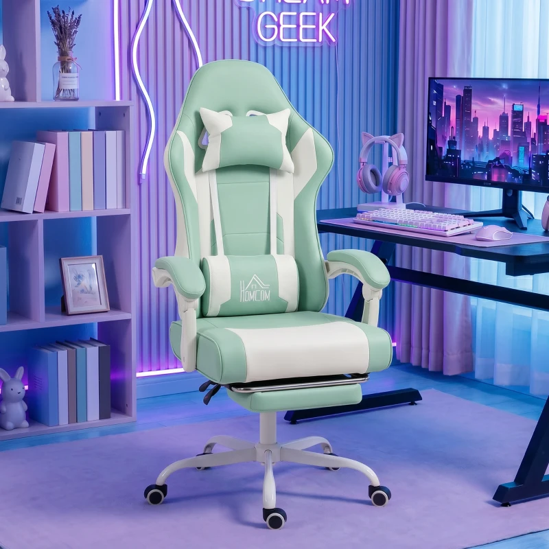 HOMCOM Gamer-Stuhl mit Lendenmassage Vibration Neigbar 155° Höhenverstellbar Kopfstütze und ausziehbare Fußstütze Hellblau