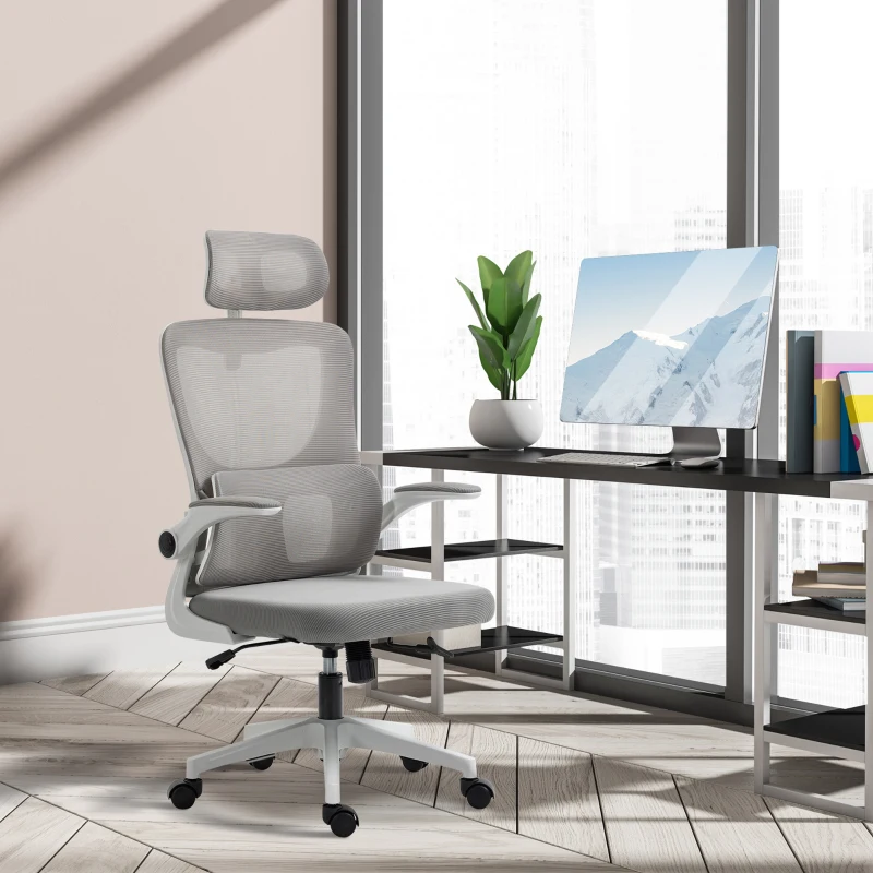 Vinsetto Bureaustoel, in hoogte verstelbaar, kantelbare rugleuning, verstelbare hoofdsteun, tot 120 kg, 60x59x114-122 cm, Grijs(m-11)