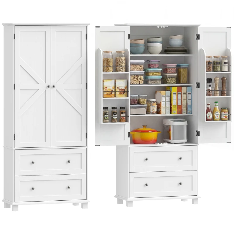 HOMCOM Armadio Alta da Cucina con 2 Porte, 2 Cassetti e Ripiani Regolabili, 80x39,5x184,5 cm, Bianco