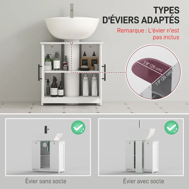 HOMCOM Meuble sous lavabo, meuble de salle de bain avec 2 portes magnétiques style grange et étagères, 60 x 30 x 60 cm, blanc