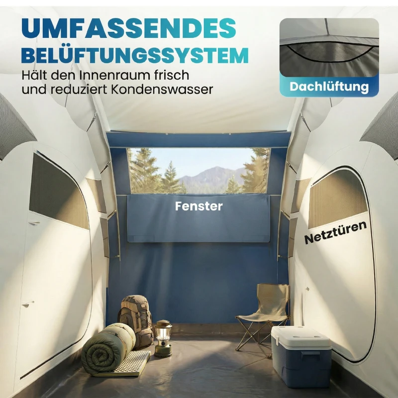 Outsunny Aufblasbares Zelt 4 Personen Schneller Aufbau Outdoor Camping Zelt mit 2 Schlafzimmer Mesh Fenster Vordach