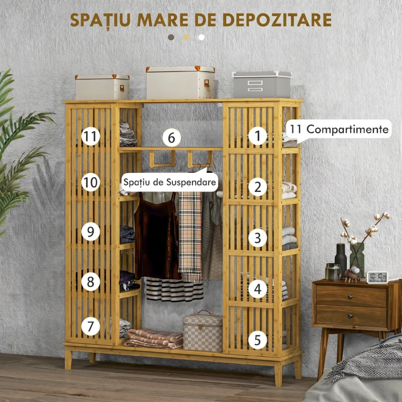 HOMCOM Dulap Deschis din Bambus cu 2 Uși Glisante, Rafturi Deschise și Bară pentru Umerașe, 145x35x165cm