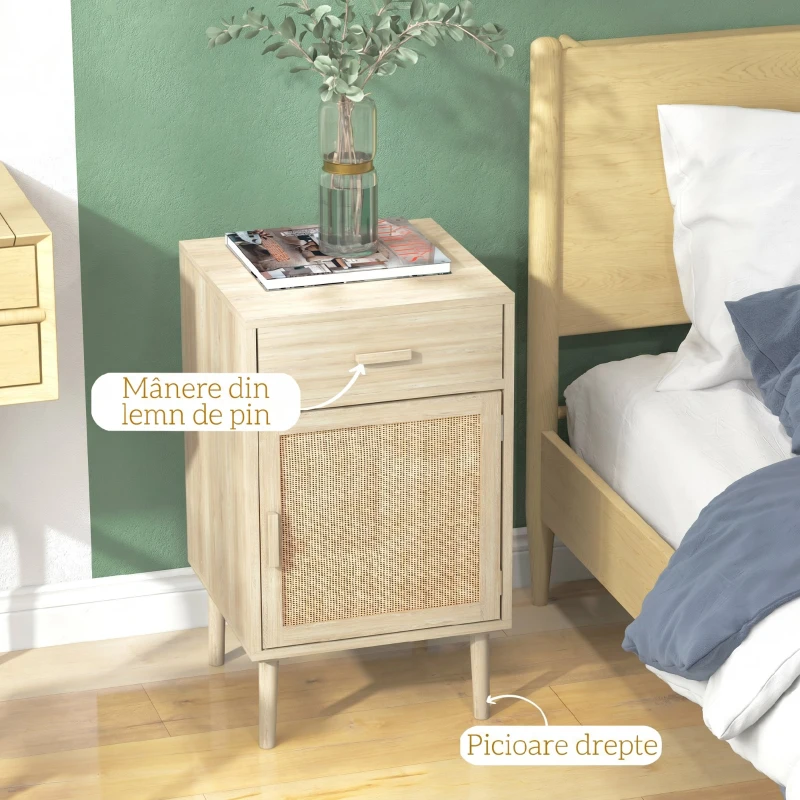 HOMCOM Set 2 Noptiere pentru Dormitor cu Sertar și Ușă din Ratan, Stil Boho, Culoare Lemn