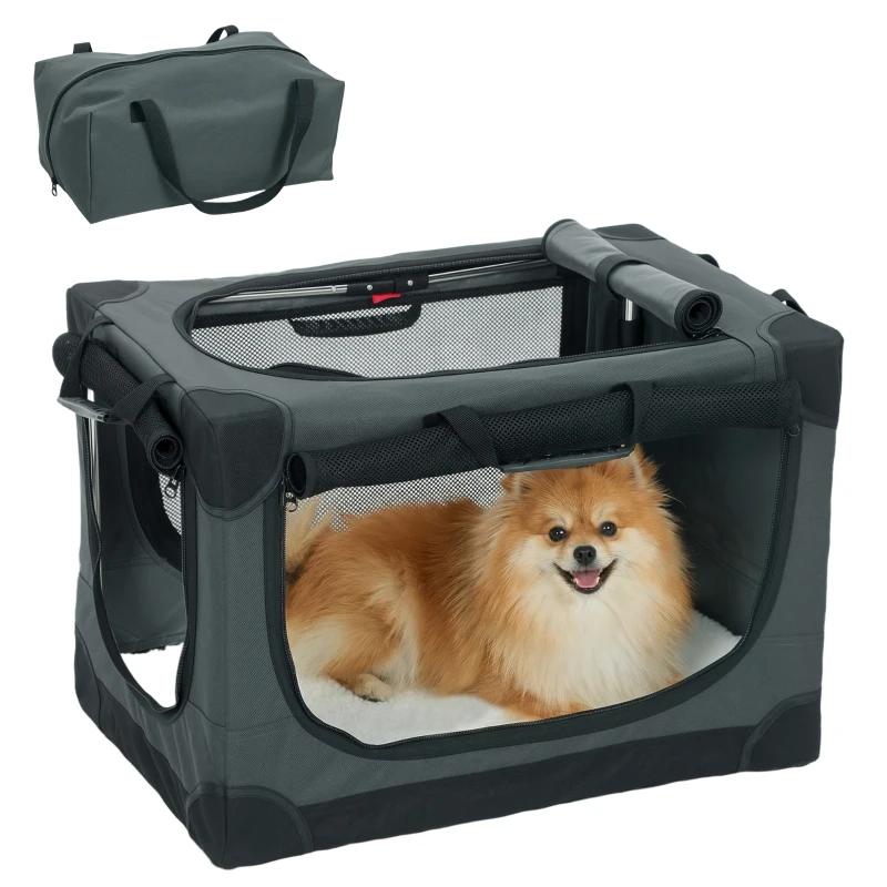 PawHut Soft Dog Crate Pet Travel Crate 60 x 42 x 43 cm with Removable Pad Mesh Window Army Green