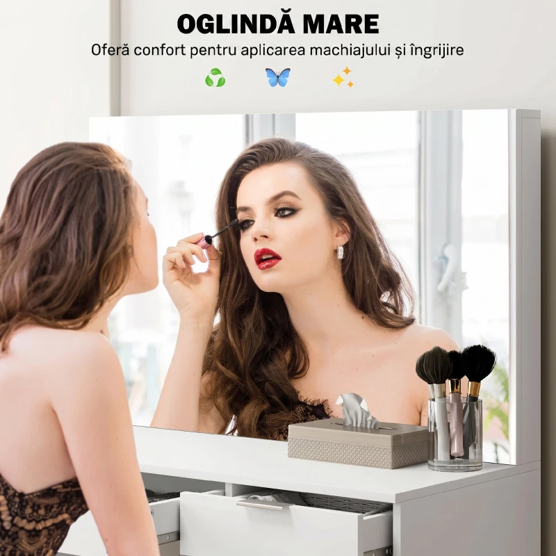 HOMCOM Set Masă de Toaletă cu Oglindă și 5 Sertare 97,2x44,5x136,5 cm și Taburet Căptușit 40x24x46 cm, Alb