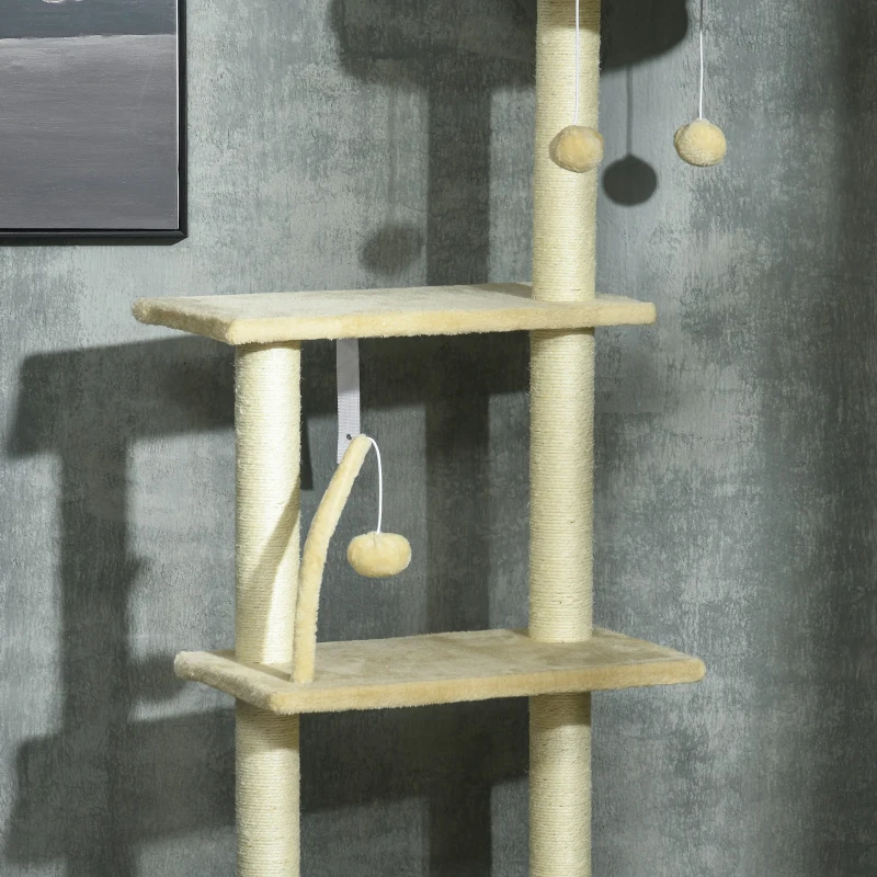 PawHut IE Located Floor to Ceiling Cat Tree, Adjustable Height, Cat Climbing Tower with Carpeted Platforms, Cozy Bed, Hammock, Scratching Posts, Toy Balls, Activity Center for Kittens, Beige