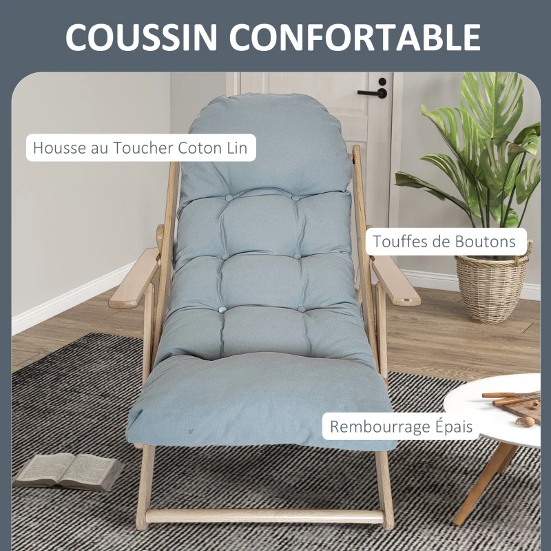 HOMCOM Fauteuil Chaise de Salon Pliable et inclinable en Bois Fauteuil Relax Confortable avec Coussin capitonné épais
