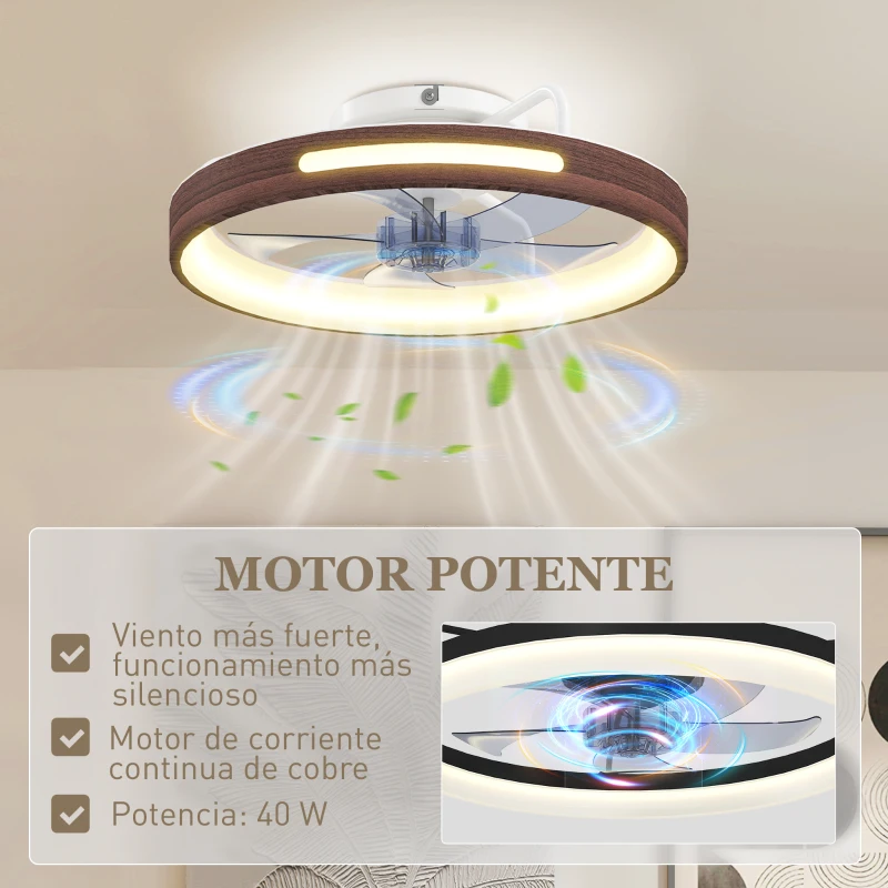 HOMCOM Ventilador de Techo con Luz LED 40 W Motor DC Reversible Mando a Distancia 6 Velocidades 3 Colores Temporizador Teca