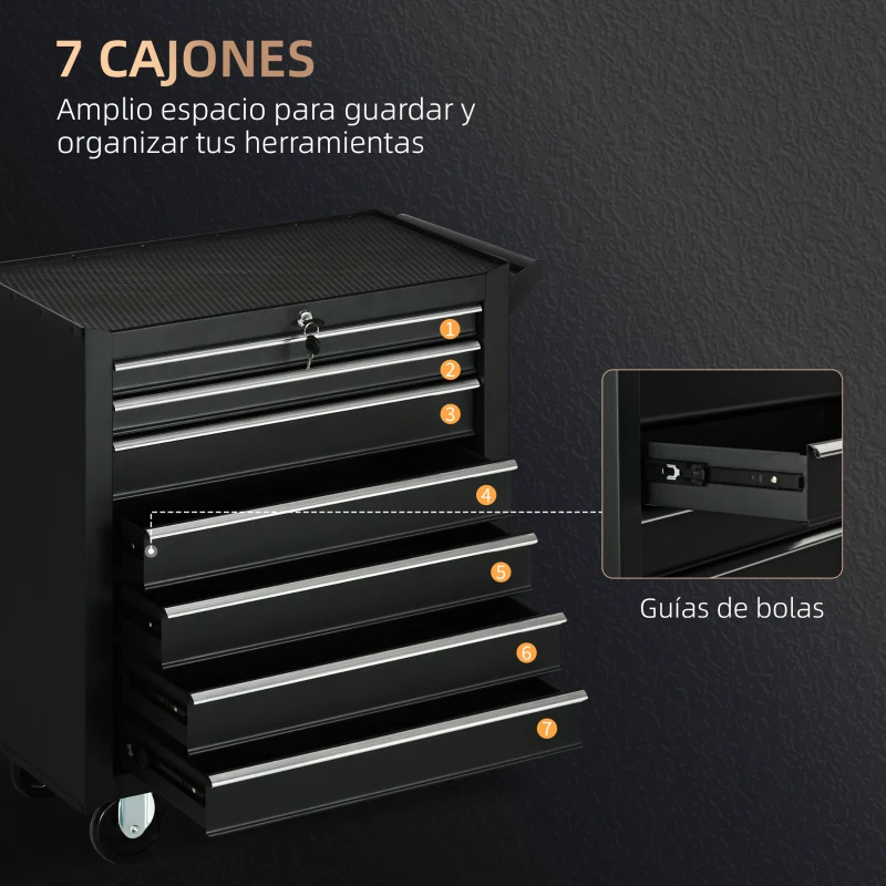 DURHAND Carro de Herramientas con 7 Cajones Cerradura Asa 2 Ruedas con Freno de Bloqueo para Garaje Hogar Negro
